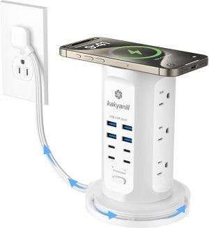 Power Strip Tower, kakyanill Surge Protector Tower 9 AC Outlets 8 USB (4 USB C), 6 Ft Retractable Extension Cord